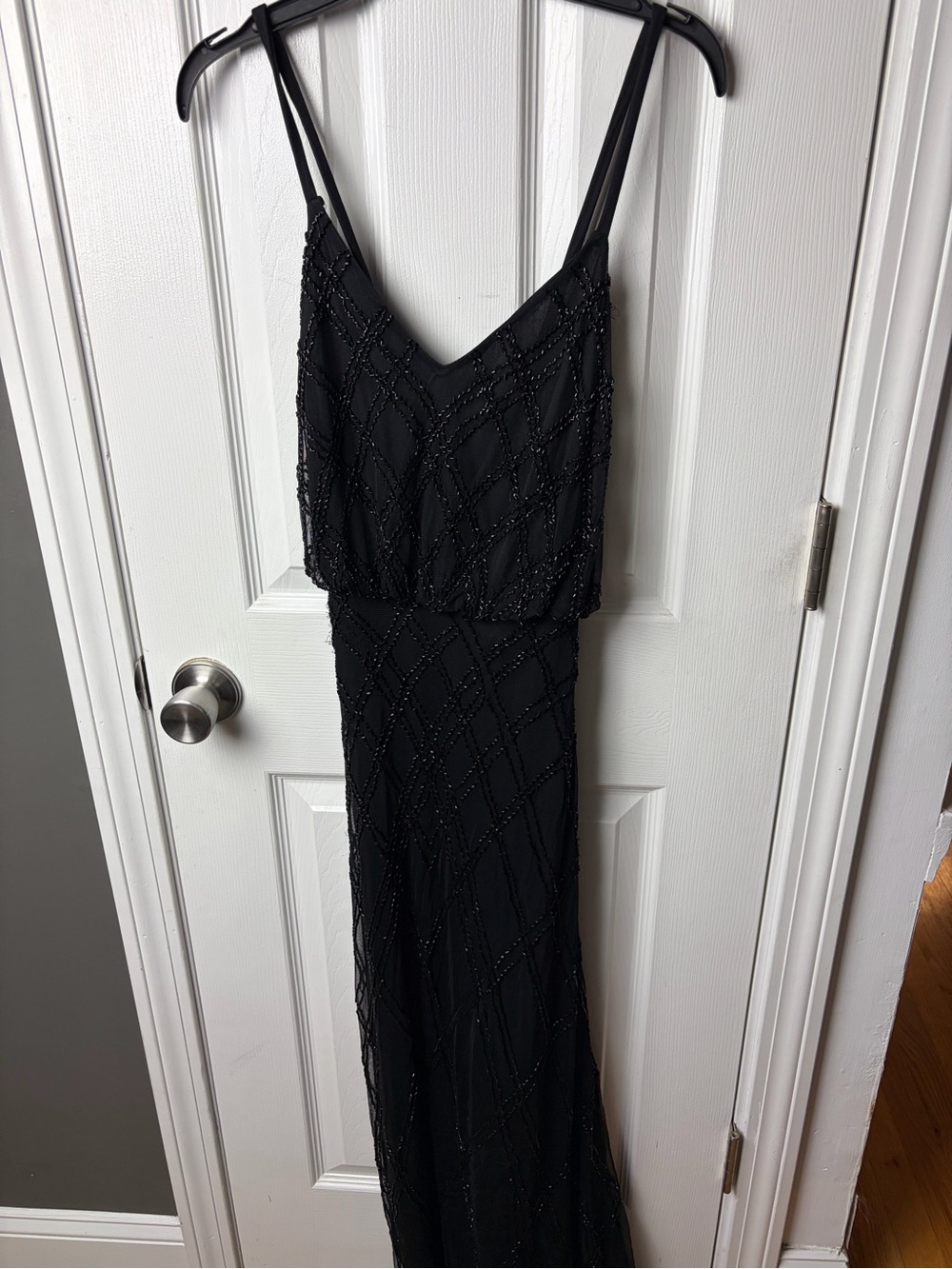 Adrianna Papell Black Beaded Maxi Dress with Spaghetti Straps